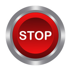 Stop red button with metal base. Push, press, control, manipulation, key, knob. Shutdown, switch off, turn, finish, close, end, cease, complete, cut, disconnect, ungear, reset. Vector illustration