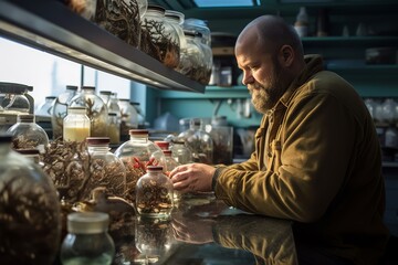 
Portrait photograph of a male marine biologist in his mid-40s, observing marine specimens in a marine biology lab, with tanks of sea creatures in the background