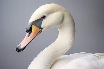 Fototapeta premium Close-up of graceful white swan's head against neutral background. Wildlife and nature photography.