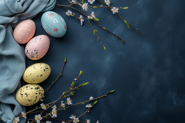 Easter background with painted eggs on dark blue backround. Top view, flat lay with copy space.