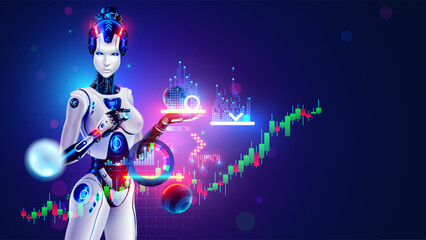 Robot AI trader analysing chart of stock exchange market. Woman robot trader assistant on forex market. Automated trading AI system. Bot trader developing trading strategy on stock exchange market.