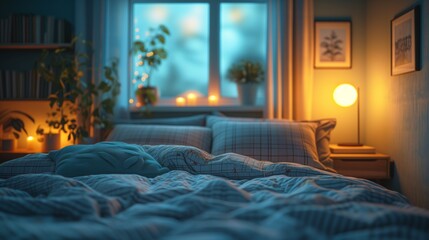 A corner of cozy bedroom at home. Badroom with bad, pillow, With a table lamp, bookshelf. Very cute cozy interior design, romantic dim lighting