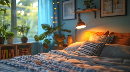 A corner of cozy bedroom at home. Badroom with bad, pillow, With a floor lamp, bookshelf. Very cute cozy interior design, romantic dim lighting - obrazy, fototapety, plakaty