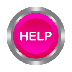 Help pink button with metal base. Push, press, control, manipulation, key knob. Distress call, SOS, save, caution, warning emergency situation, accident, doctor, first aid, danger. Vector illustration