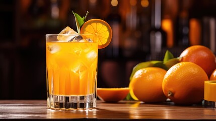 Juice from a ripe orange on a dark background. A refreshing soft drink, lemonade or smoothie in a glass.A healthy organic drink. Proper nutrition and diet.