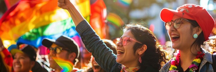 Fototapeta premium A community march showcasing LGPTQ worker diversity, highlighting empowerment and historical struggles, with symbols of achievement and rights with pride flag