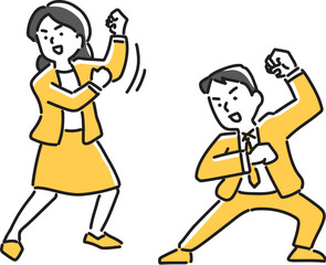 変身ポーズをとる男女会社員