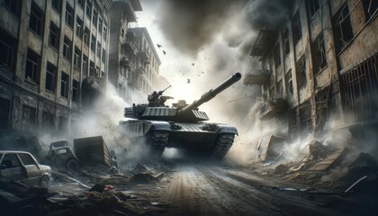 A battle tank moves through a devastated urban landscape, with buildings ablaze and smoke filling the air. - obrazy, fototapety, plakaty