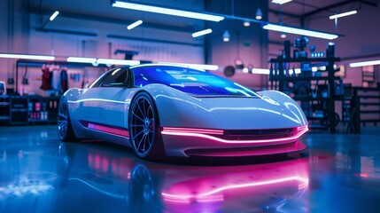 A futuristic car with holographic displays, sleek design, illuminated in a neon-lit mechanic's workshop at dusk
