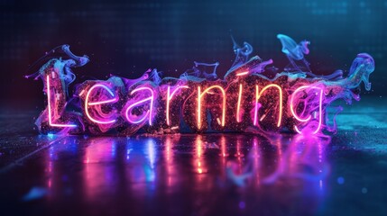 Holo LED Education concept creative horizontal art poster. Photorealistic textured word Learning on artistic background. Ai Generated Knowledge and Tutoring Horizontal Illustration.