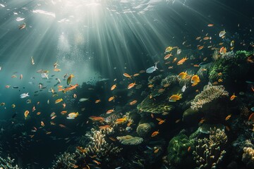 Fototapeta na wymiar Underwater Paradise: Sunlight Illuminating Tropical Fish and Coral Reefs, Ideal for Marine Life Backgrounds