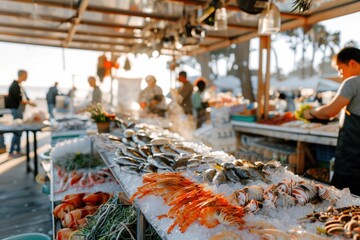 Vibrant seafood market scene with diverse fish and shellfish on ice, bustling shoppers, and colorful stalls under soft daylight