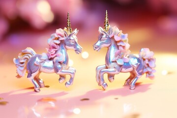 Obraz na płótnie Canvas Whimsical holographic unicorn earrings with magical shimmer, adding a playful touch to any ensemble
