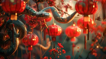 Foto op Plexiglas An intricate snake design winding through red Chinese lanterns, symbolizing prosperity and tradition in a festive atmosphere © Shutter2U