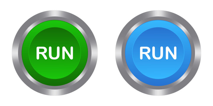 Run blue and green buttons with metal base. Push, press, control, manipulation, key. Starter, beginning, onset, opening, launch, start, program, turn on, switch, activate, plug in, install, contact