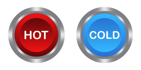 Hot Cold red and blue buttons with metal base. Push, press, control, manipulation, key, knob. Temperature regulation, caution, surface, water, air, plumbing, conditioner, climate, refrigerator