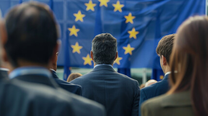 European Union politics concept image with back view of formal unrecognizable politicians at EU parliament in front of the European Union flag - obrazy, fototapety, plakaty