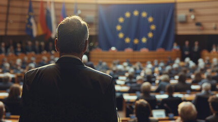 European Union politics concept image with back view of formal unrecognizable politicians at EU parliament in front of the European Union flag