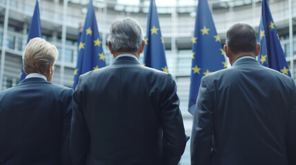 European Union politics concept image with back view of formal unrecognizable politicians at EU parliament in front of the European Union flag - obrazy, fototapety, plakaty