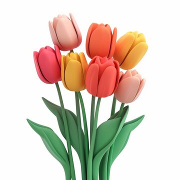 Bouquet of tulips. A vibrant set of tulips in pink, red, and yellow colors with green stems and leaves, rendered in a smooth, plasticine texture, isolated on a white background.