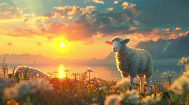 Amazing sunset with beautiful sheep grazing, cute lamb in front 3d render