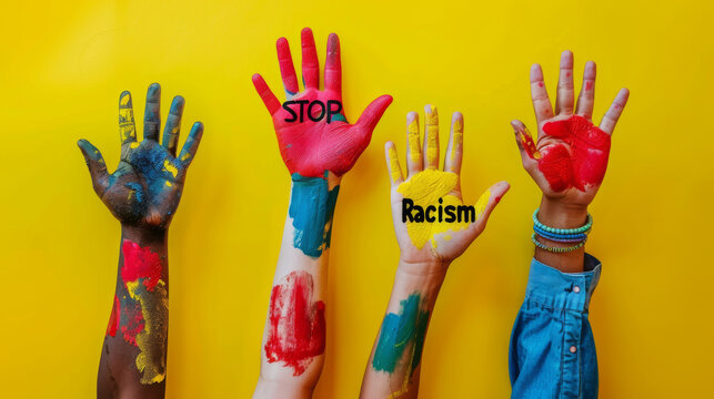 Colorful hands with diversity with message stop racism , antiracism concept image background