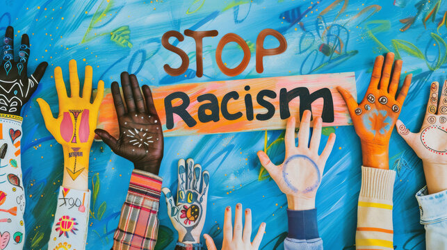 Colorful hands with diversity with message stop racism , antiracism concept image background