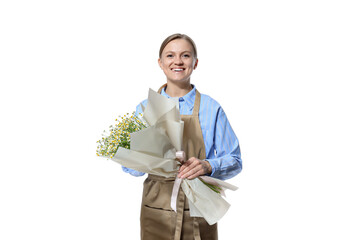 PNG, florist girl with flowers, isolated on white background.