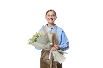 PNG, florist girl with flowers, isolated on white background.
