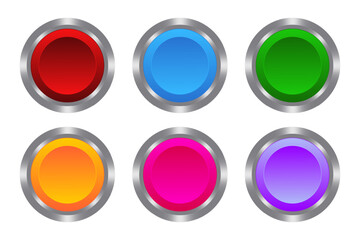 Multicolored buttons with metal base. Push, press, touch, control centre, panel, manipulation, key, knob, management, administration, operation, switch on off, stop, start, caution, help. Vector