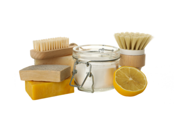 PNG, Soap, brushes, lemon and jar of soda, isolated on white background