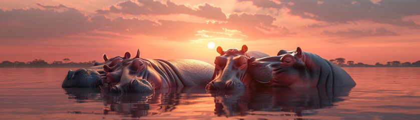 Group hug of hippos meditating under a peaceful sunset 3d render - obrazy, fototapety, plakaty