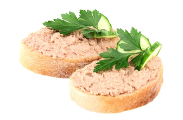 Bread with homemade chicken pate, isolated on white background.