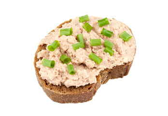 Bread with homemade chicken pate, isolated on white background.