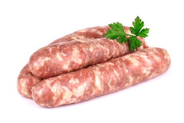 Raw sausage with parsley leaf isolated on white background.