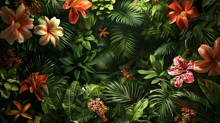 Tropical Jungle Wallpaper with Vibrant Flowers in a Photorealistic Style