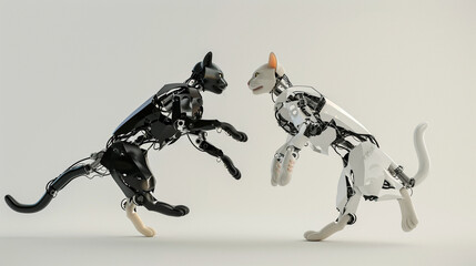 Robotic cats meowing and jumping, technology meets feline fight 3d render