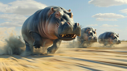 Surprised hippopotamus with turbo speed overtaking slow rivals 3d render - obrazy, fototapety, plakaty