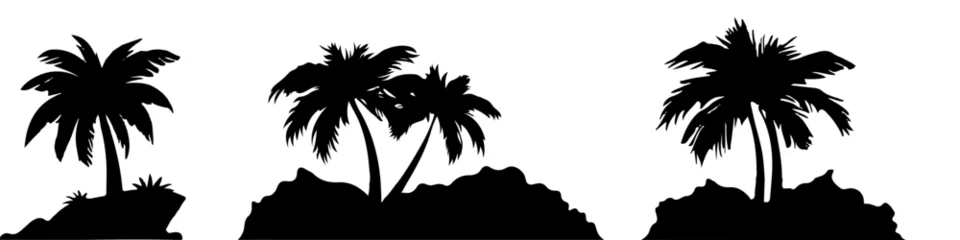 Gordijnen coconut tree silhouette design with rock base. vector ilustration © moche style