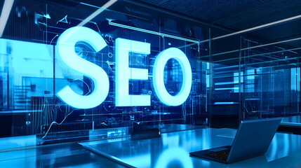 Large SEO, or search engine optimization text on the digital or virtual hologram display screen in empty office interior with a laptop or notebook device on the desk, website traffic analysis and rank