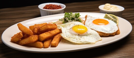 Fototapeta na wymiar A white plate is showcased with two fried eggs cooked sunny-side up and a generous portion of french fries on top.