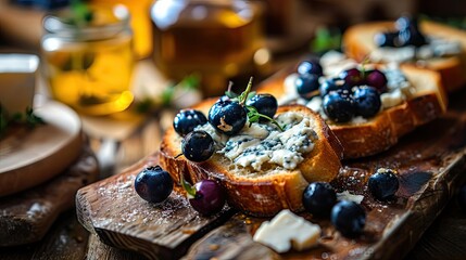 Blue Cheese on Bread, Gorgonzola with Berries and Honey, Bruschetta with Ricotta, Blueberries