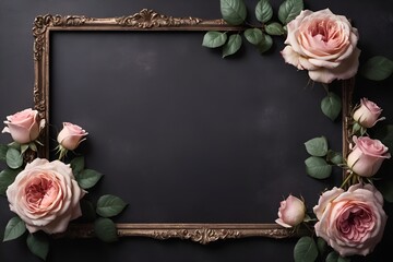 luxury vintage frame with roses on dark background, horizontal floral backdrop with copyspace