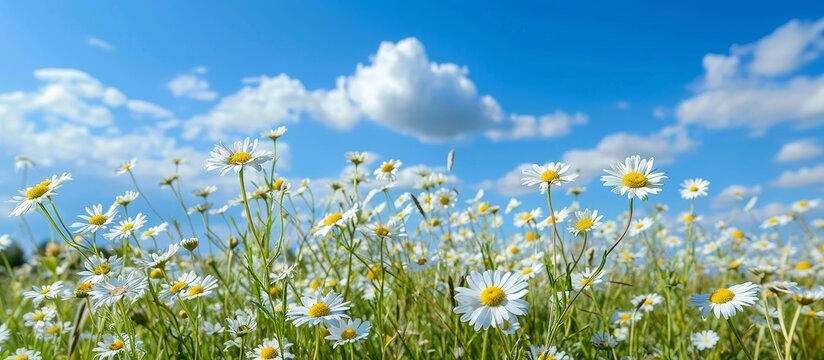 A field of daisies blooms under a blue sky dotted with fluffy clouds, creating a picturesque natural landscape of herbaceous plants and flowering flowers. © TheWaterMeloonProjec