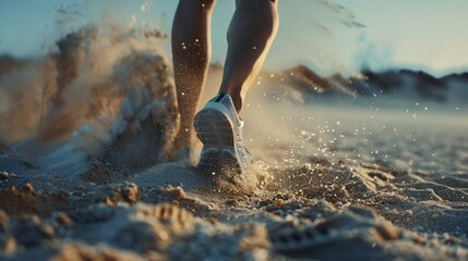 landscape in the morning, an athlete runs on the sand, legs run on the sand