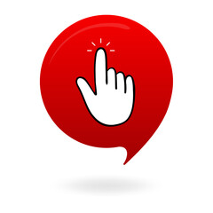 Banner with hand in red speech bubble with shadow. Balloon, business, advertising, announcement, promotion, logo design. Place your text. Point, forefinger, index, cursor. Vector illustration