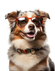Portrait of a happy australian shepherd dog wearing sunglasses isolated on a white background as transparent PNG Generative AI