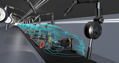 Robotic Arms Producing Environmentally Friendly Electric Vehicles. Industry And Technology Related Concept 3D Render.