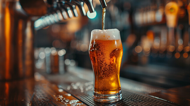 An enticing image of a glass filled with ice-cold, delicious beer topped with foam. fresh lager