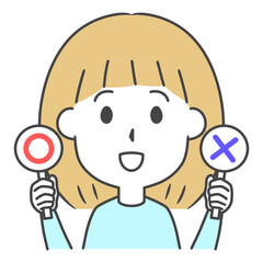 マルとバツの札を持った女性　上半身　イラスト